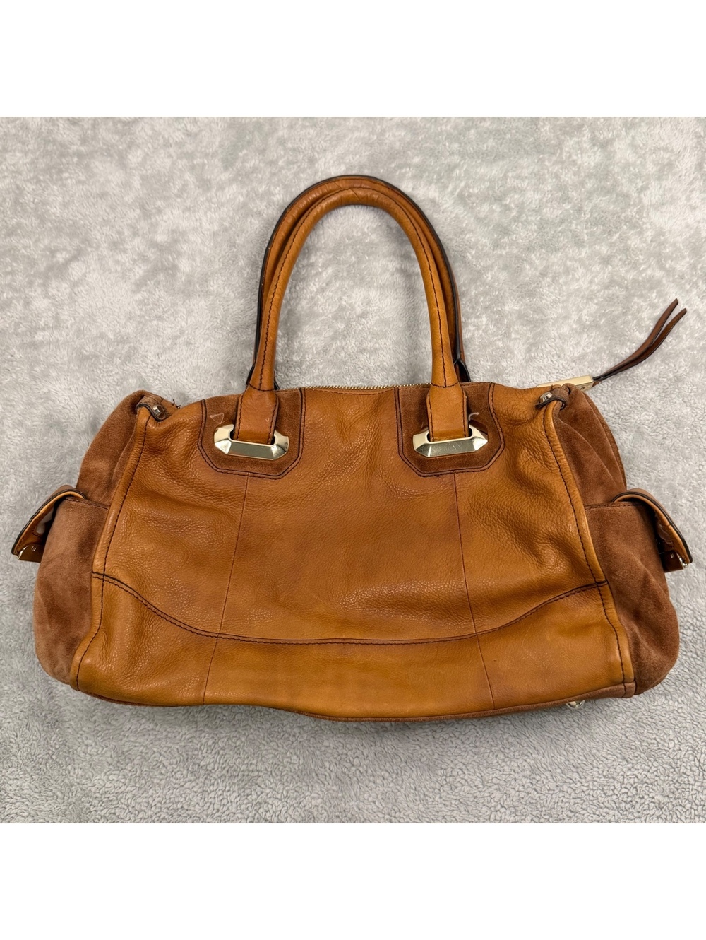 B Makowsky Leather Suede Satchel Handbag Brown Cognac Gold Hardware Tote